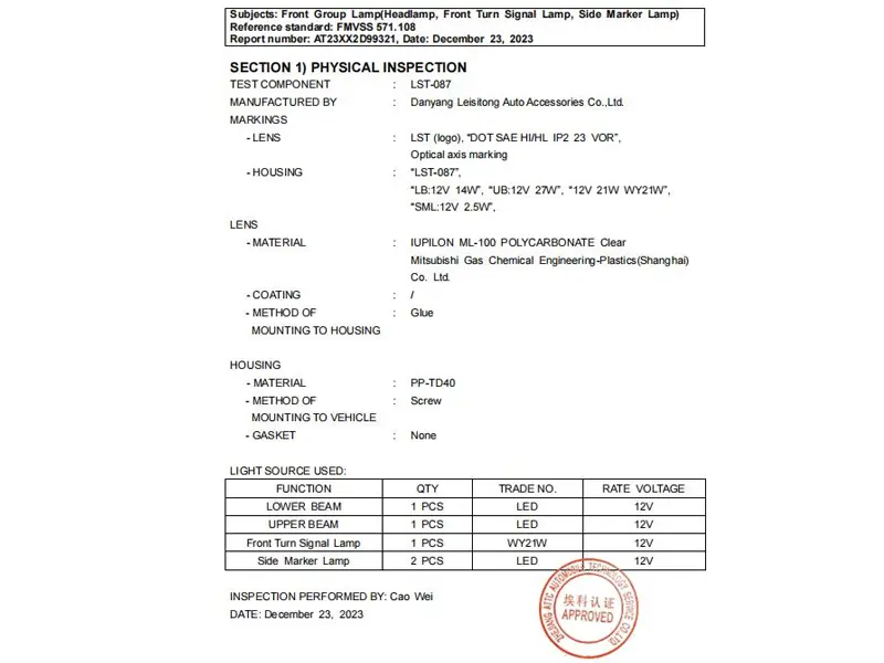 Product Compliance Certificate - Automotive Lamps